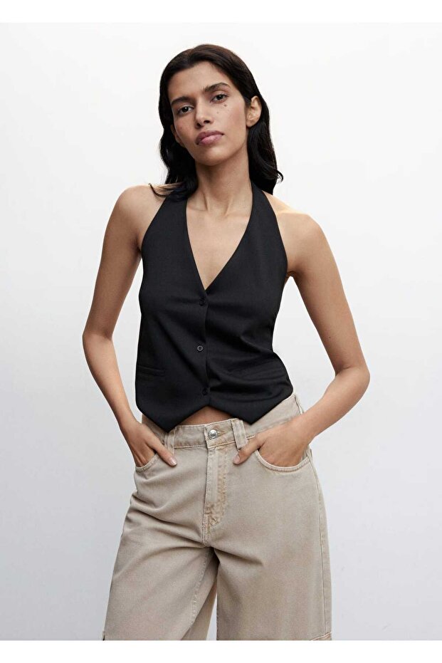 Düğmeli Halter Yaka Yelek - 1