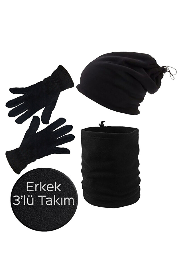 Men's Black Winter Thermal Fleece Gloves - Fleece String Beanie Hat - Fleece String Neck Collar Set of 3