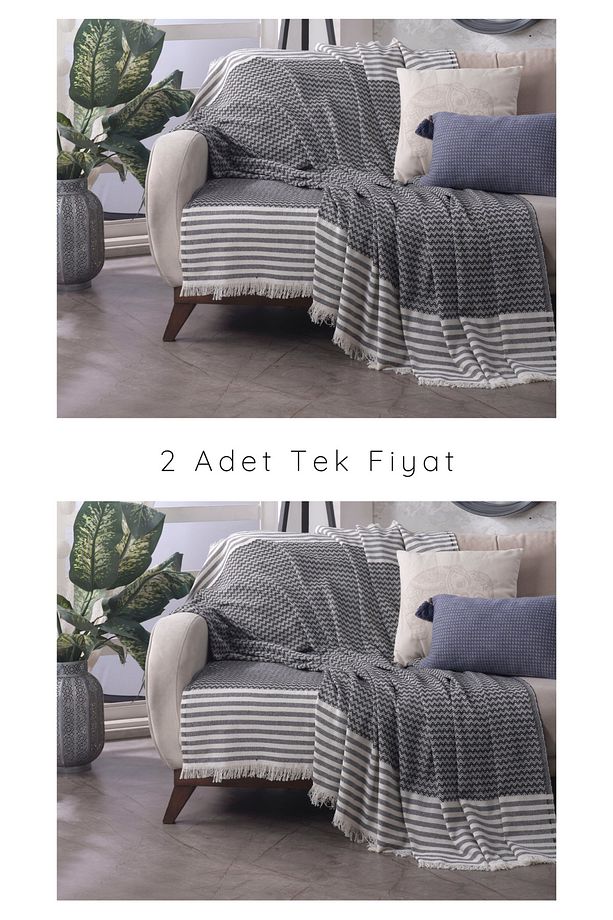 Olimpos Siyah 2'li Koltuk Örtüsü 180 x 200 cm Kanepe Çekyat Divan Berjer Örtüsü Pamuklu Püsküllü - 1