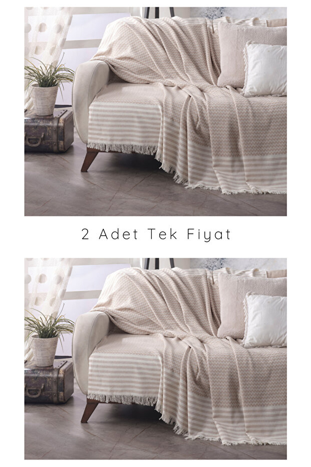Olimpos Beige Sofa Sofa Bed Divan - 2-Piece Cotton Tufted Seat Cover 180 x 200 cm