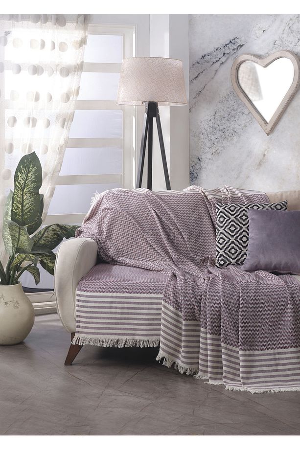 Olimpos Mürdüm 2'li Koltuk Örtüsü 180 x 200 cm Kanepe Çekyat Divan Berjer Örtüsü Pamuklu Püsküllü - 3