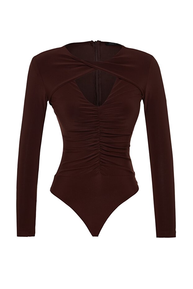 Kahverengi Cut Out/Pencere Detaylı Örme Body TPRAW24BD00001 - 7