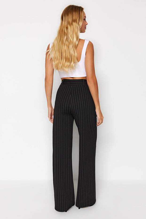 Siyah Çizgili Straight Fit Yüksek Bel Örme Pantolon TWOAW24PL00222 - 6