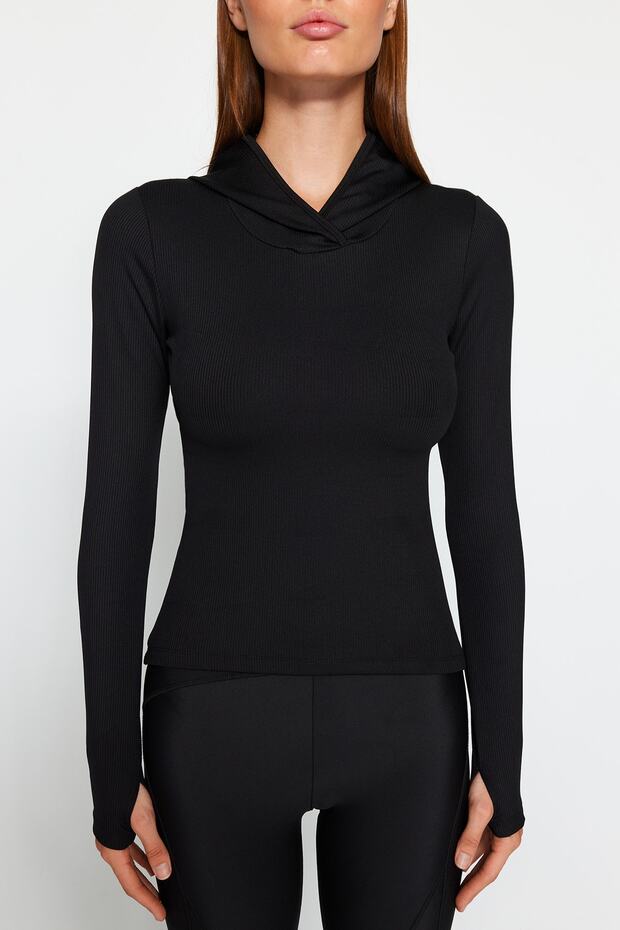 Siyah Fitilli Başparmak ve Sırtı Pencere/Cut Out Detaylı Örme Spor Üst/Bluz THMAW24BZ00004 - 4