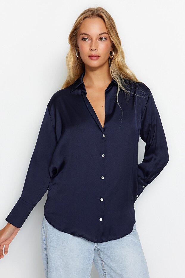 Lacivert Oversize/Geniş Kalıp Saten Dokuma Gömlek TWOAW24GO00211 - 3