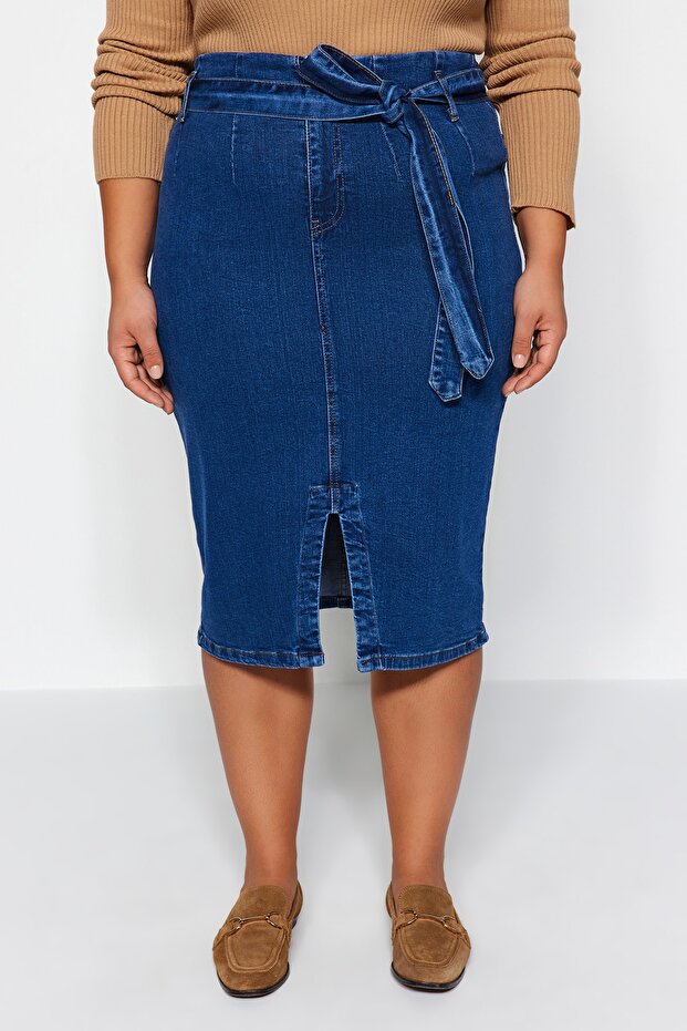 Açık Mavi Kuşaklı Yüksek Bel Yırtmaçlı Denim Etek TBBSS23AZ00017 - 10