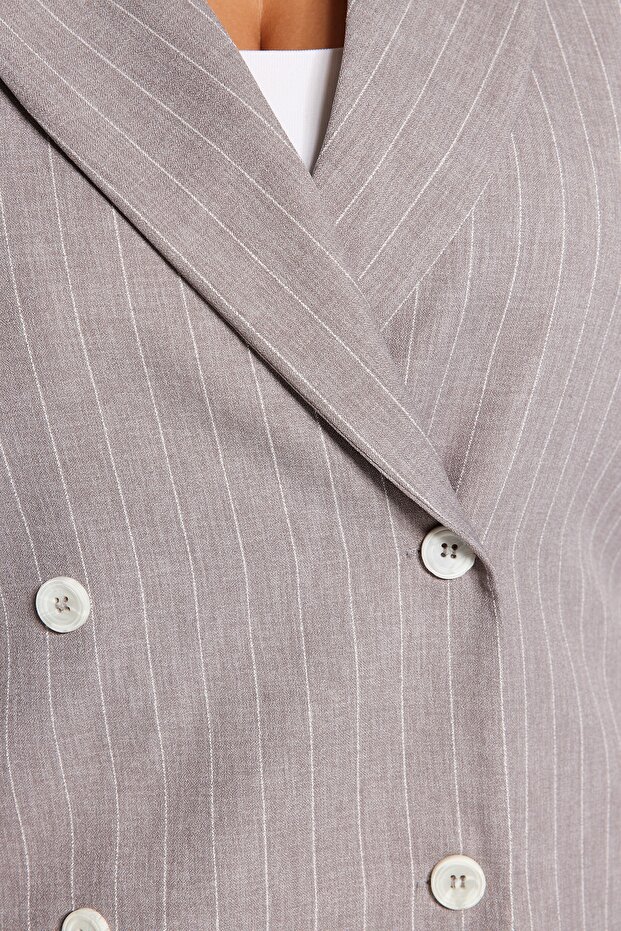 Plus Size Gray Striped Double Breasted Jacket - Double Coverage and Lining TBBAW24AG00001 - 4