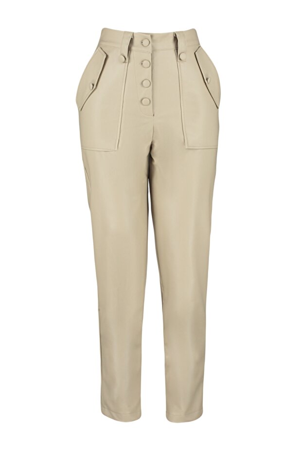 LimiteD EDition - Mink Carrot PatterneD Front ButtoneD Faux Leather TrouSerS TWOAW22PL0083 - 8