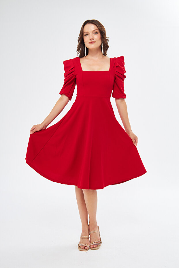 Women's Flexible Crepe Fabric Short Sleeve Square Collar Midi Length Red Evening Dress 080
