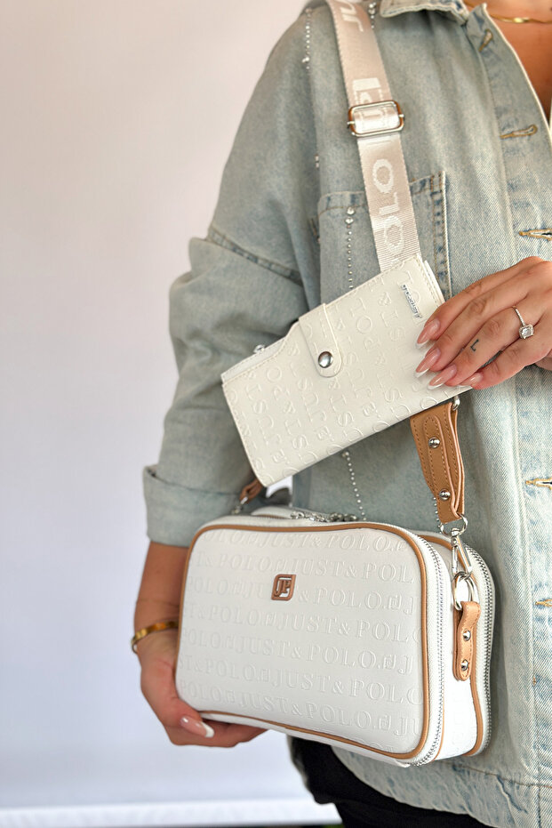 Medium Size Cotton Woven Strap Daily 5 Compartment Women's Shoulder Bag 4023 WHITE TABA COMBIN -GZD-