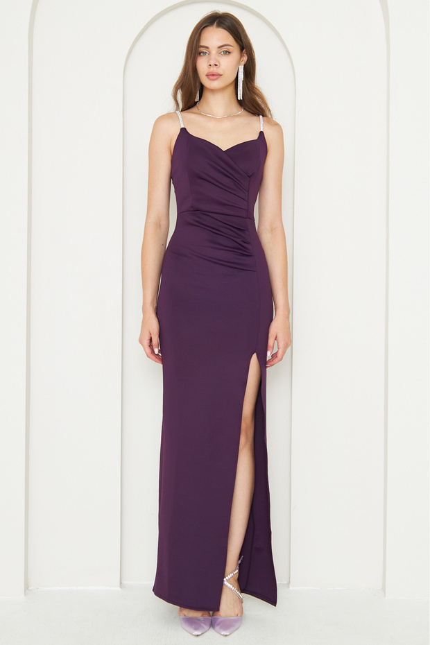 Scuba Fabric, Low-cut and Slit Detailed Maxi Length Stoned Strap Purple Evening Dress 582513