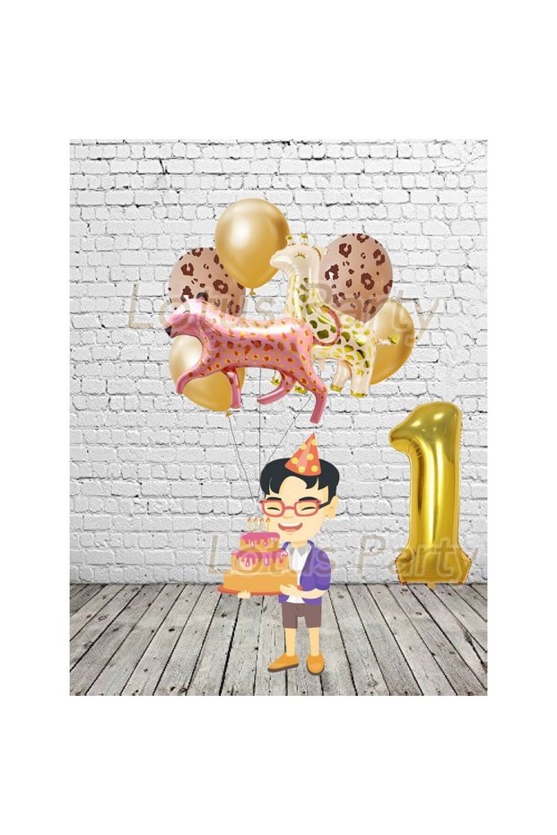 1 Year Old Safari Animal Themed Balloon Pink Tiger - Giraffe and Gold Number Foil Balloon Giraffe Printed Bln