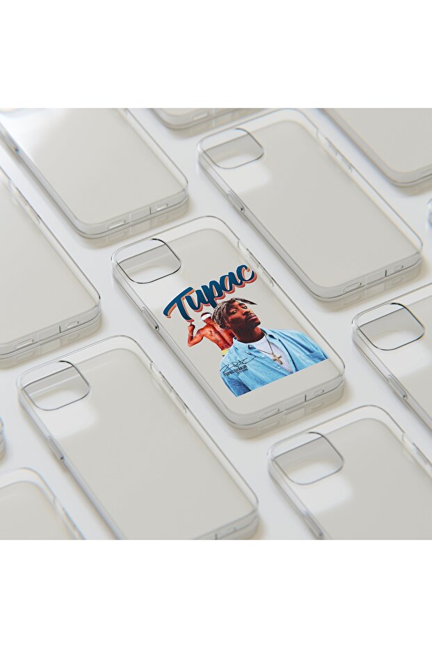 iPhone 14 Plus Compatible Tupac Patterned Transparent Shock Absorbing Durable Case - 6
