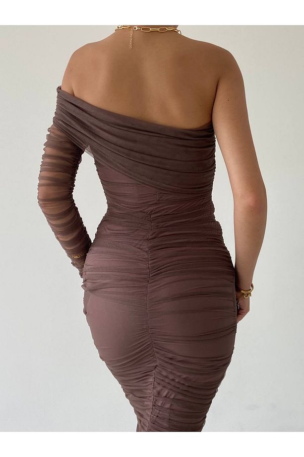 Tek Kol Drape Tül Siyah Elbise - 6