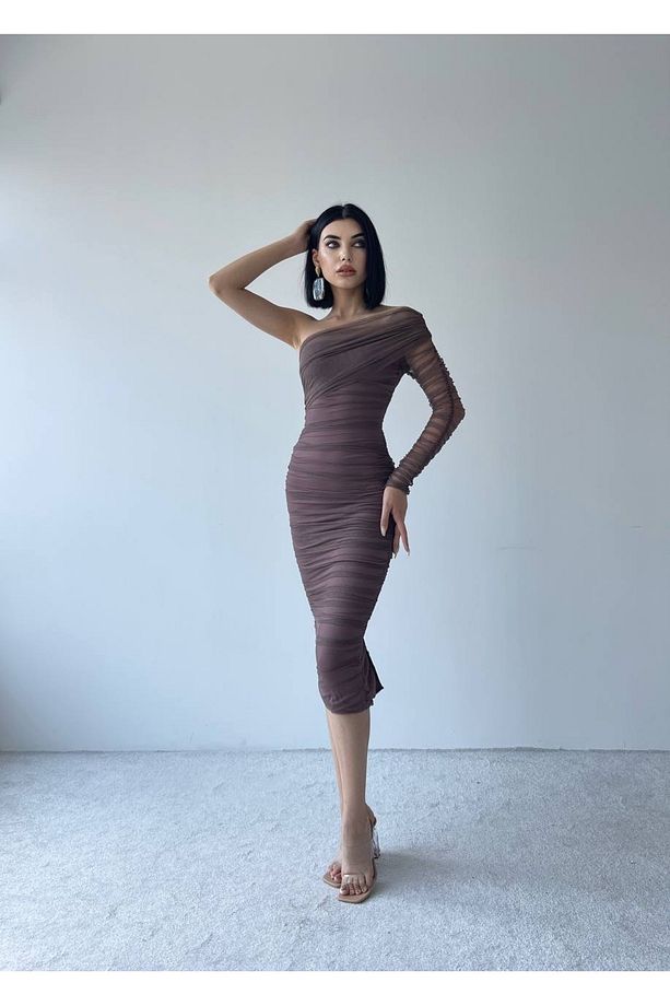 Tek Kol Drape Tül Siyah Elbise - 3