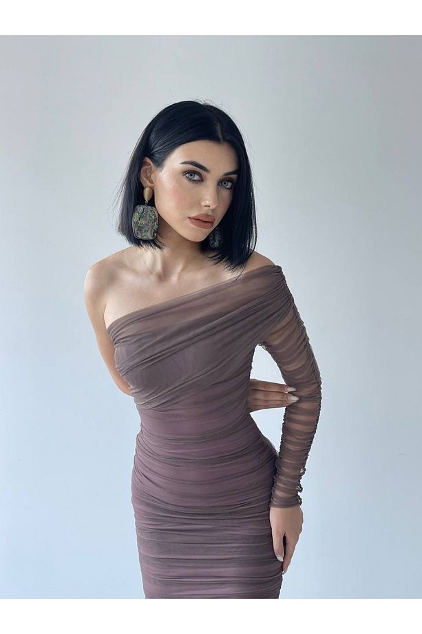 Tek Kol Drape Tül Siyah Elbise - 2