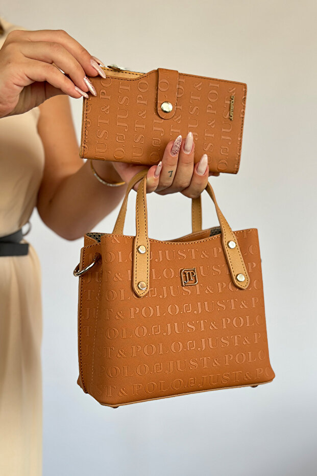 Embossing Printing Premium Quality 4 Compartment Women's Hand and Shoulder Bag 24x24cm 4095 tan combination