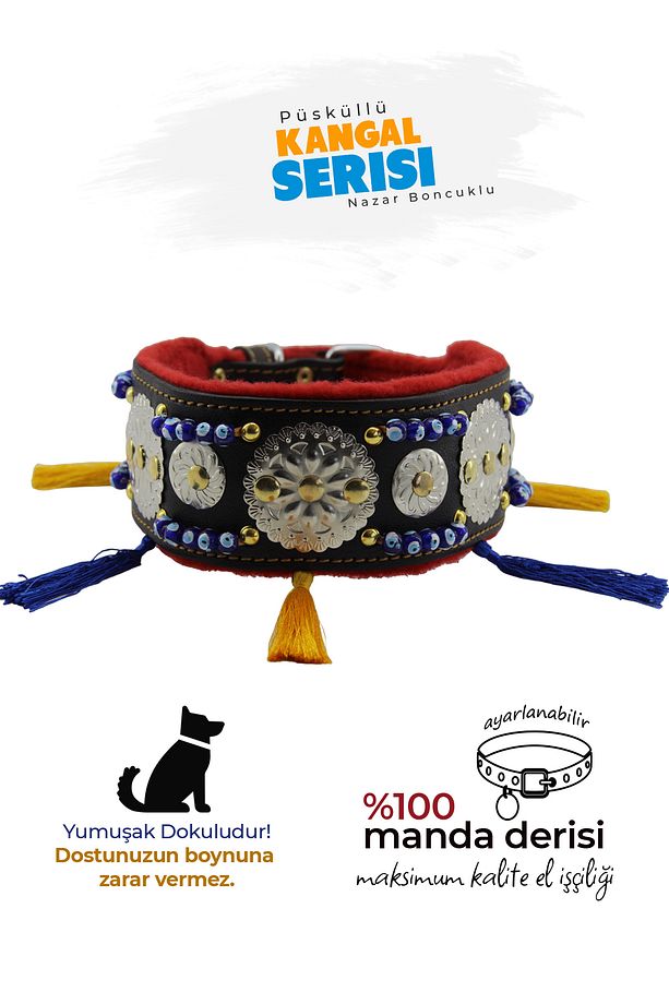 Püsküllü Deri Boyun Tasması, Sivas Kangalı, Malaklı, Çoban Köpeği, Akbaş, Kangal Köpek Tasması - 1