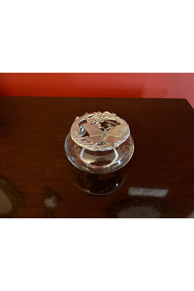 7 cm Diameter Metal Lid - Glass Bowl with Butterfly Figure