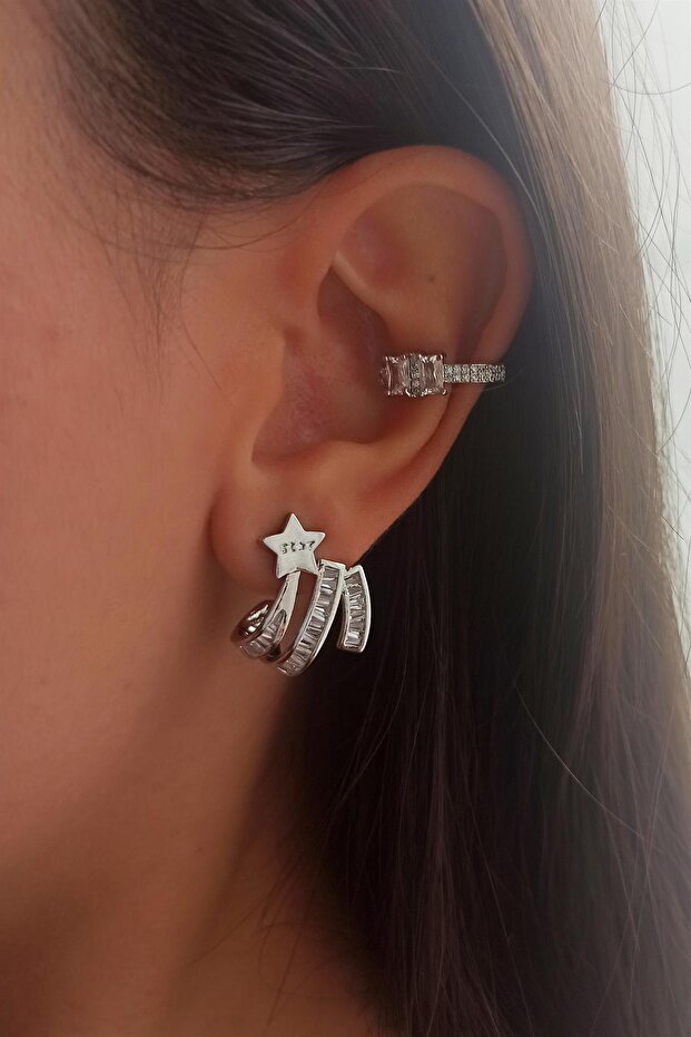 Women's Vip Series Baguette Zircon Stone Star Model 2-Piece Earring Set