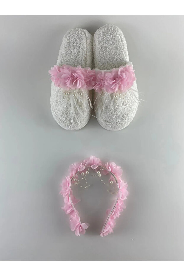 Women's Pink Floral Stoned Maternity Crown Slippers Set