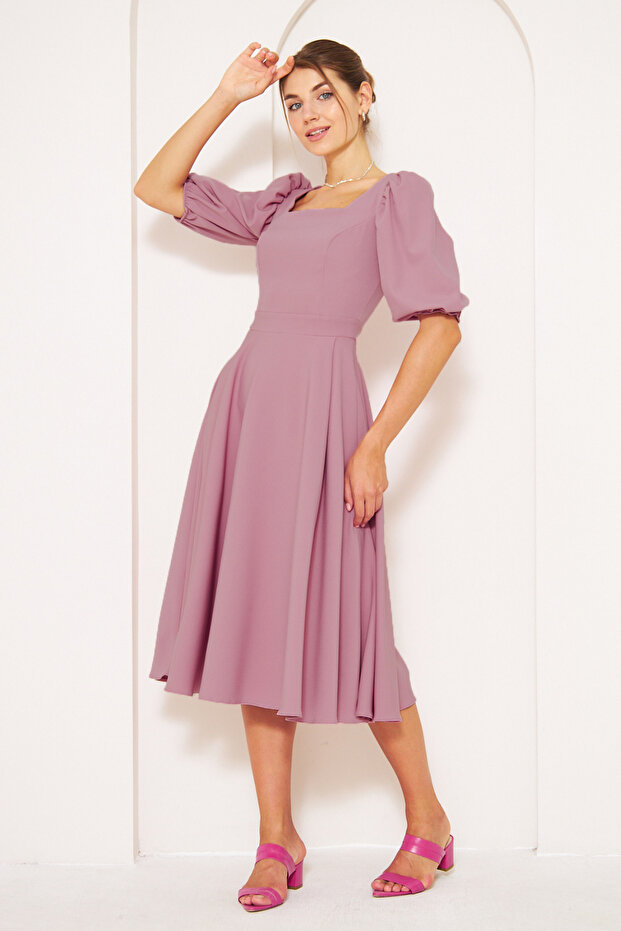 Dried Rose Midi Length Balloon Sleeve Square Neck Short Elastic Sleeve Woven Draped Fabric Dress