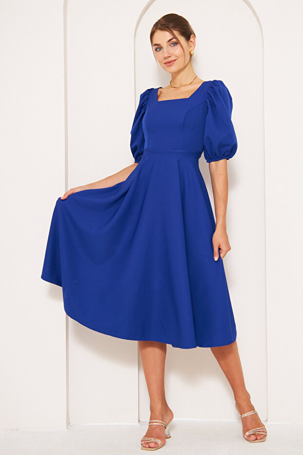 Sax Blue Midi Length Balloon Sleeve Square Neck Short Elastic Sleeve Woven Draped Fabric Dress