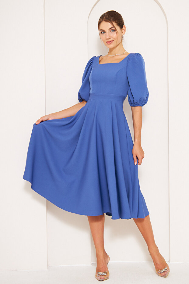 Denim Blue Midi Length Balloon Sleeve Square Neck Short Elastic Sleeve Woven Draped Fabric Dress