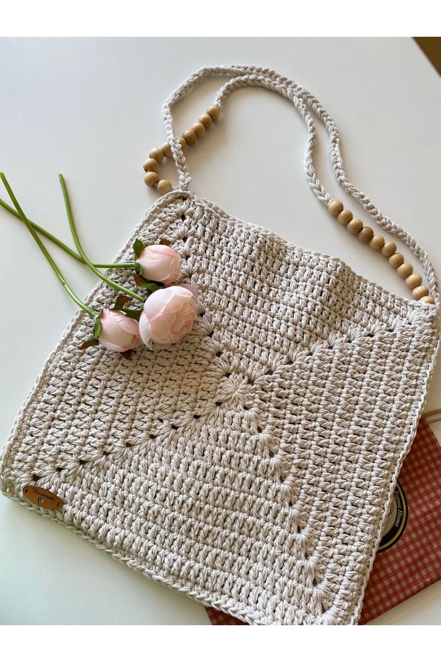 Women's Ecru Color Handmade Cotton Macrame Rope Knitted Wooden Bead Detailed Hand and Shoulder Bag