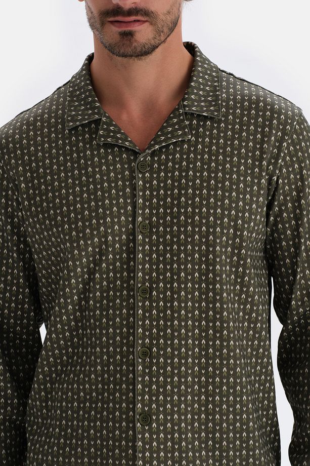 Yeşil Mikroprint Baskılı Örme Gömlek Pijama Takımı - 7
