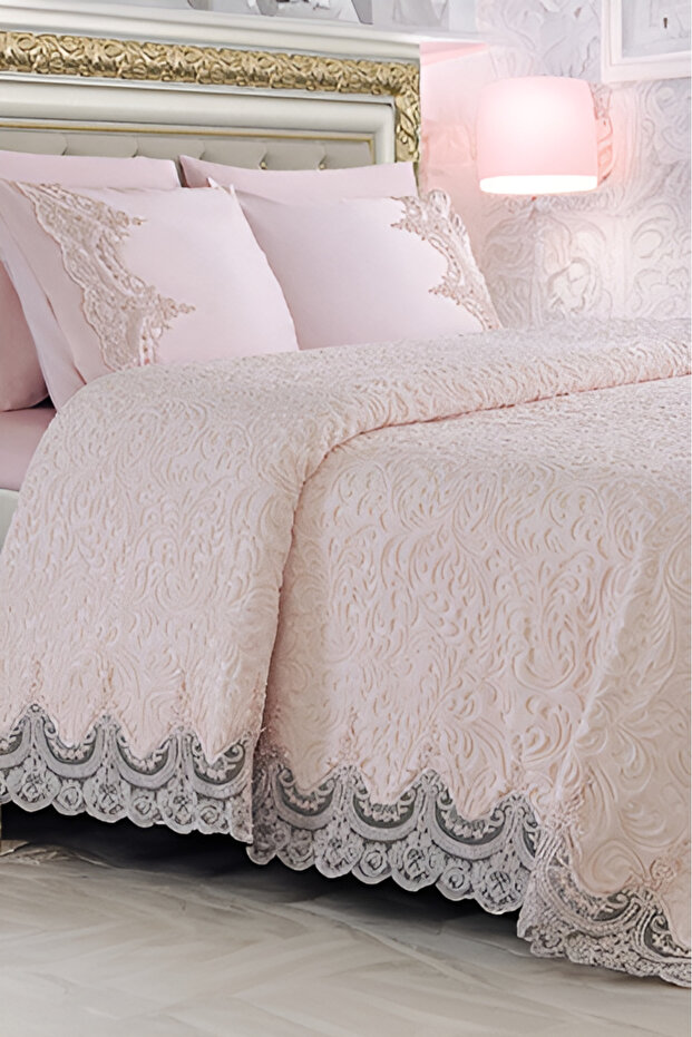 FRENCH LACE, RUFFLED 6 PIECE BLANKET SET POWDER