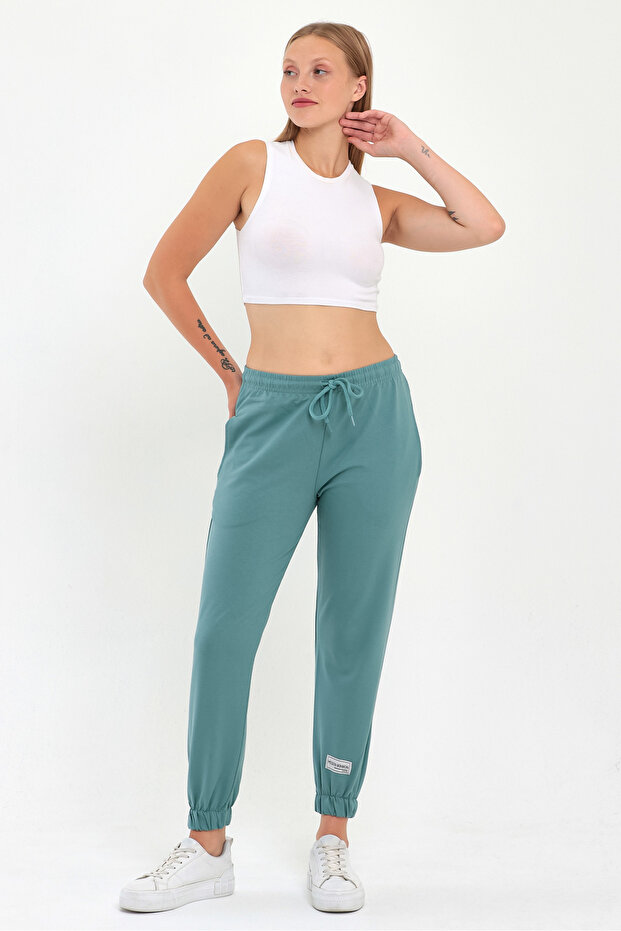 Kadın Mint Paçası Etiket Detaylı Basic Jogger Örme Eşofman Altı - 1
