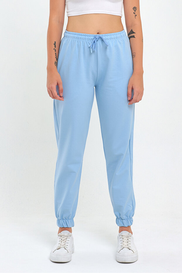 Kadın Açık Mavi Paçası Lastikli Basic Jogger Örme Eşofman Altı - 2