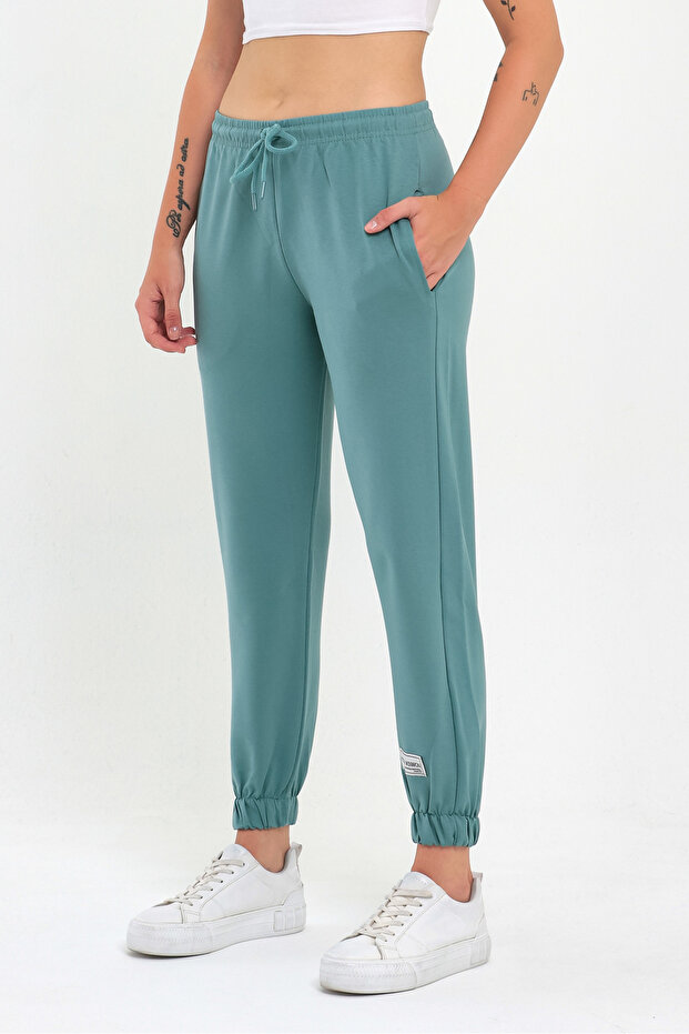 Kadın Mint Paçası Etiket Detaylı Basic Jogger Örme Eşofman Altı - 3