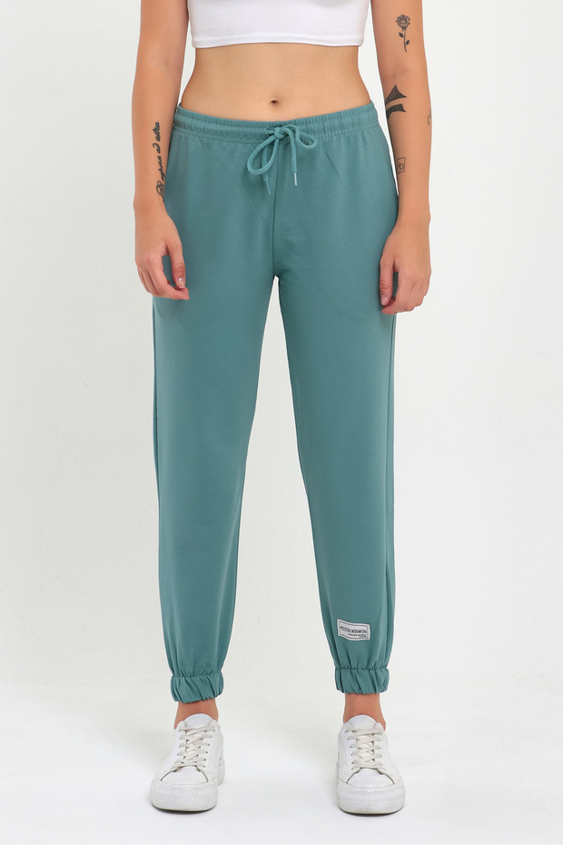 Kadın Mint Paçası Etiket Detaylı Basic Jogger Örme Eşofman Altı - 2
