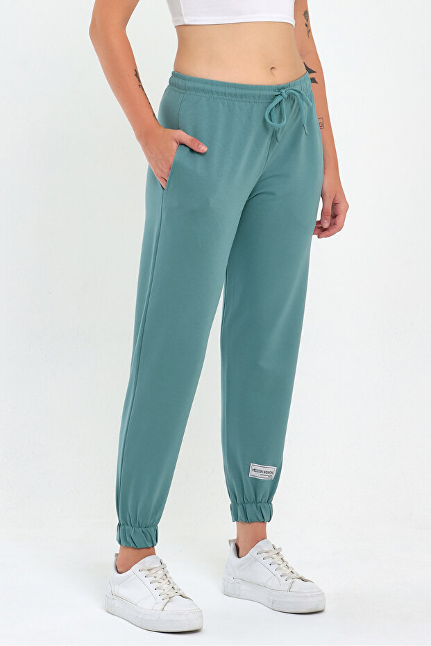 Kadın Mint Paçası Etiket Detaylı Basic Jogger Örme Eşofman Altı - 4