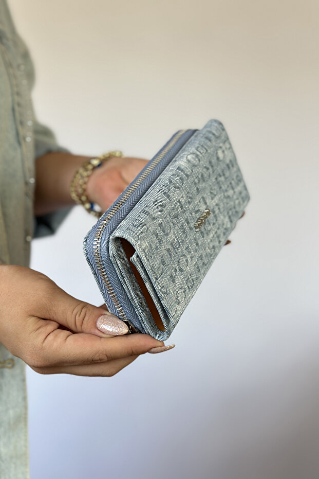 Large Size Horizontal Model Zippered and Covered Women's Wallet Suitable for Daily Use 01 denim blue