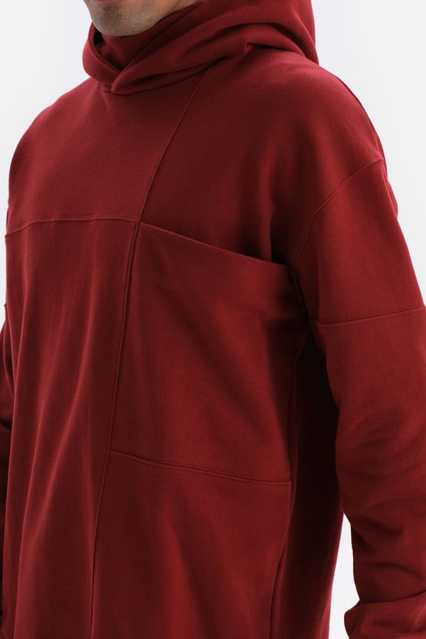 Bordo Cep Detaylı Kapüşonlu Sweatshırt - 4