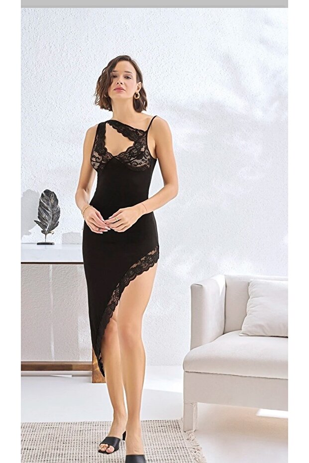 Women'S, Black, Lace Detail, 95% Viscose, Asymmetrical Nightgown