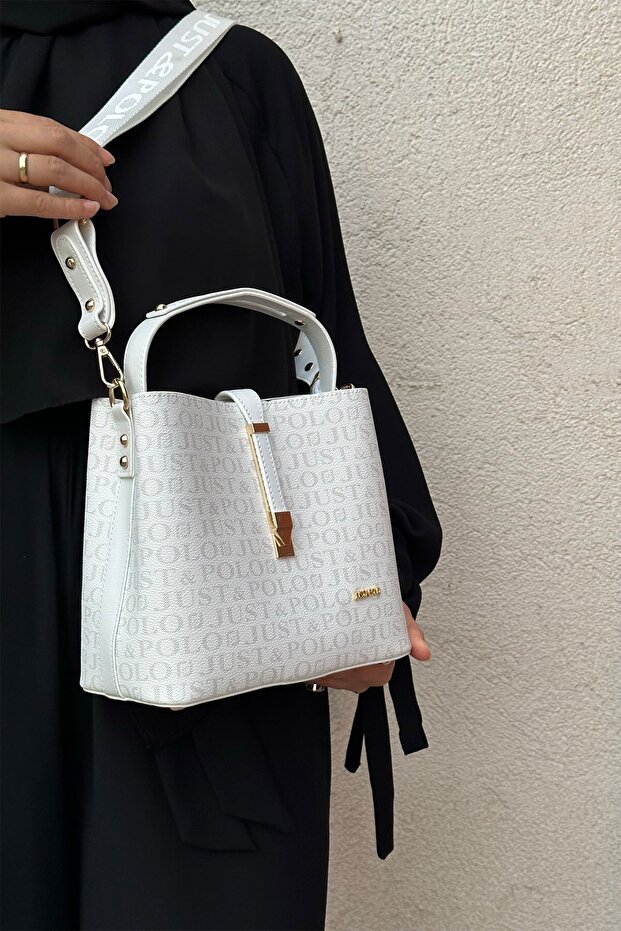 حقيبة كتف نسائية منقوشة باللون الأبيض مقاومة للماء مكونة من 3 أقسام مقاس 22 × 20 سم PBU4002