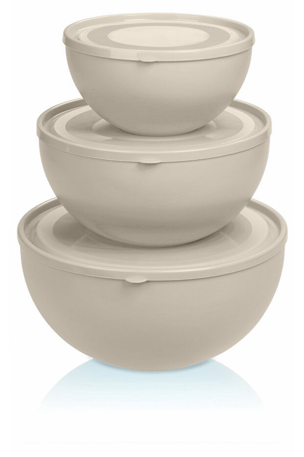 Kapaklı Yuvarlak Kase 3'lü Set Krem Renk (0,6l + 2,5l + 4l) - 1