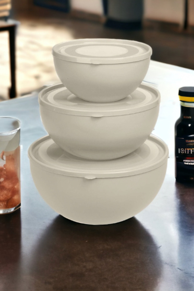 Kapaklı Yuvarlak Kase 3'lü Set Krem Renk (0,6l + 2,5l + 4l) - 3