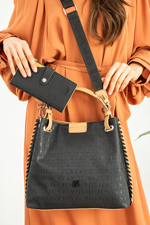 4 Compartment Women's Shoulder Bag with Knitted Detail 4031-Gd Black Taba-Combi̇n
