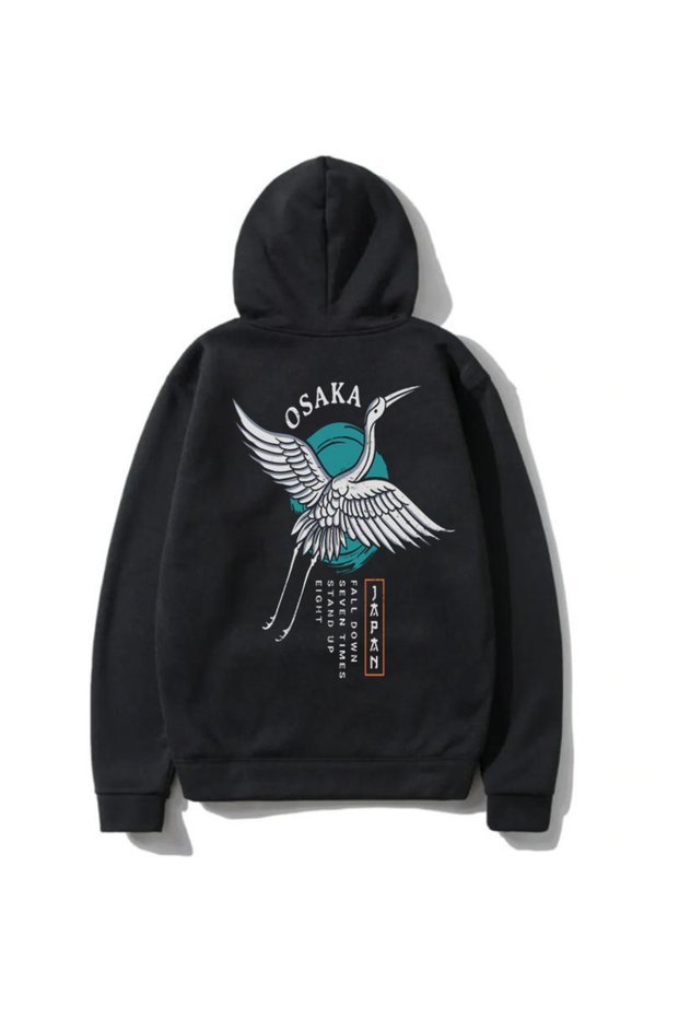 Unisex Black Hooded Sweatshirt Osaka Bird Back Printed