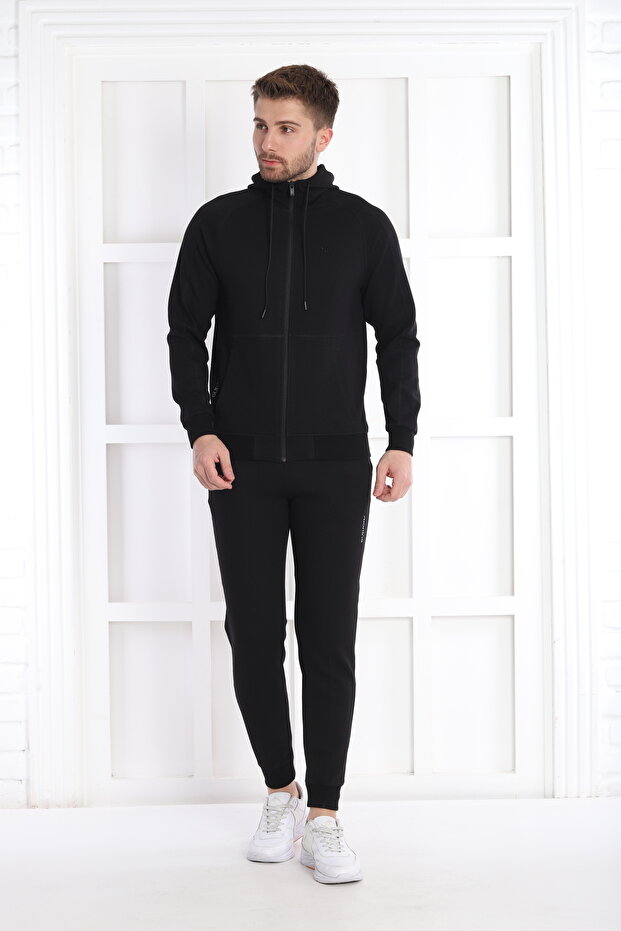 Men's Black Casual Waffle Fabric Hooded Zippered Slim Fit Bottom Top Tracksuit Set