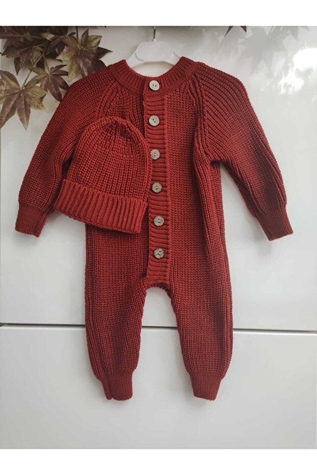 Buttoned Tile Selanik Knitted Knitwear Baby Jumpsuit with Hat