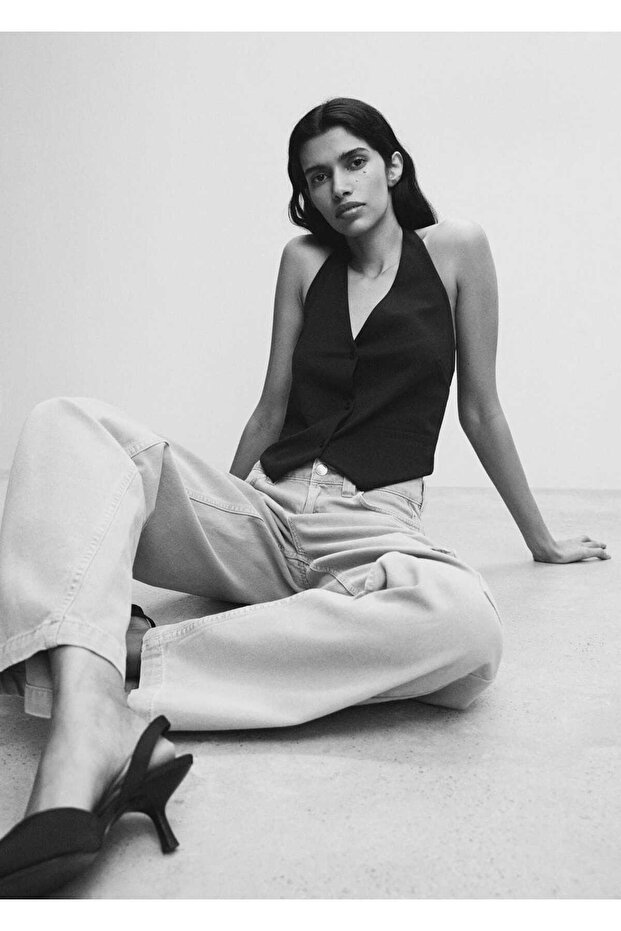 Düğmeli Halter Yaka Yelek - 6