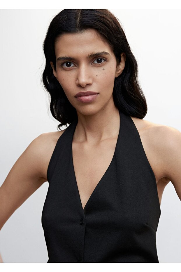 Düğmeli Halter Yaka Yelek - 5