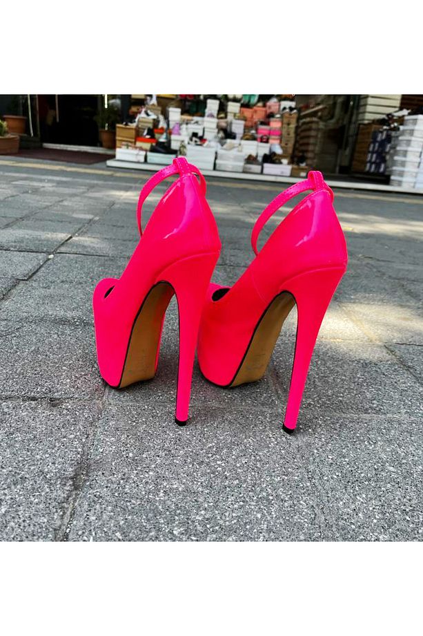 Kadın Fuşya Pembe Neon Fosfor Rugan Platform Taban İnce Yüksek Topuk Abiye Topuklu Ayakkabı - 4
