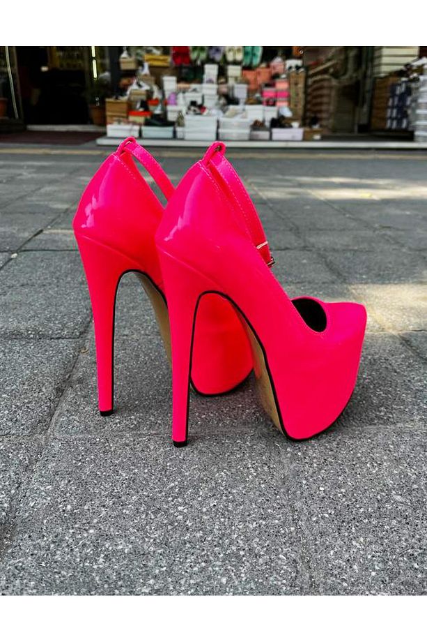 Kadın Fuşya Pembe Neon Fosfor Rugan Platform Taban İnce Yüksek Topuk Abiye Topuklu Ayakkabı - 3